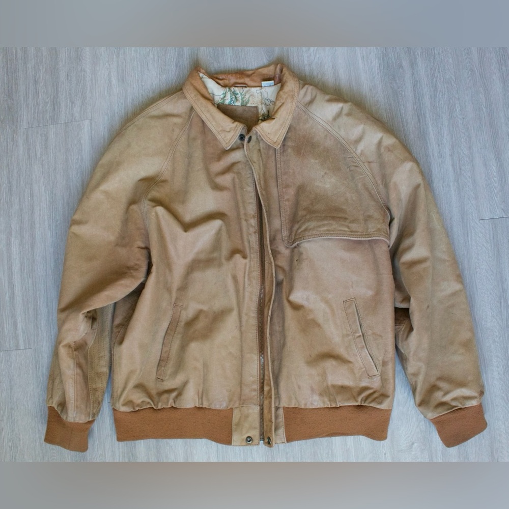Vintage Marlboro Adventure Team‎ Jacket XL Gun Flap Brown Leather Bomber Map 90s
